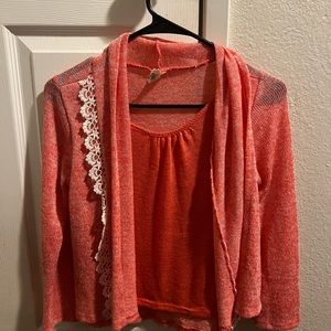 teal and Coral color Top/with sewn on Light Sweater